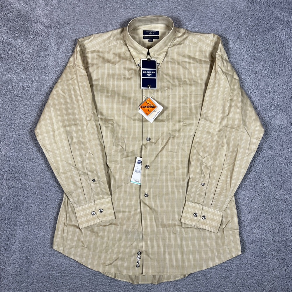 DOCKERS Mens Tan Plaid Button Down Shirt Stain Defender Long Sleeve Medium‎ NEW